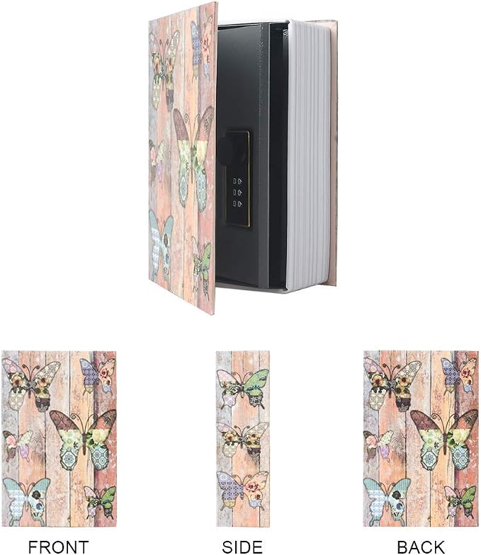 PACOLO Small Diversion Book Safe Storage Box, Metal Can with Security Combination Lock/Key, Hidden Safe (Combination, Butterfly)