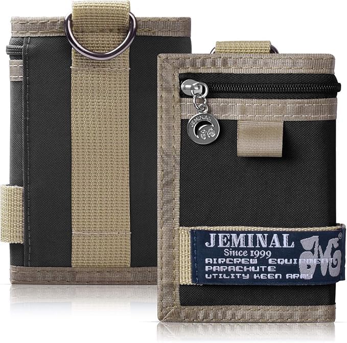JEMINAL Trifold Canvas Wallet for Men Outdoor Sports Wallet with Keychain, Multiple Card Slots, ID Window, Lightweight Nylon Casual Wallet, Black