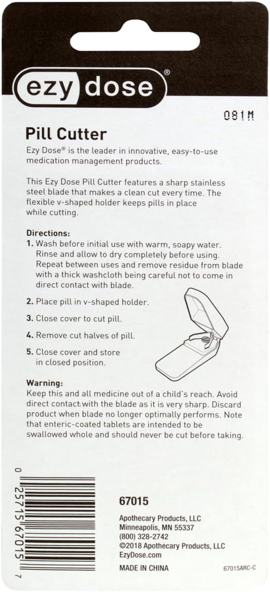 EZY DOSE Pill Cutter and Splitter, Safely Cuts Large, Small and Tiny Pills, Vitamins, Tablets in half, Accurate Easy Cutting, Stainless Steel Blade, Travel Sized, Easy to Use, Color May Vary, BPA Free
