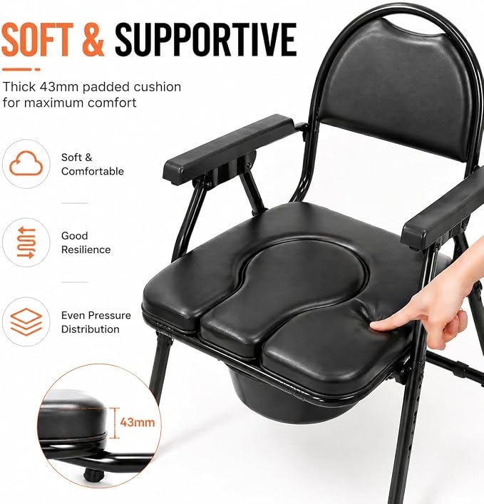 4-in-1 Folding Bedside Commode Chair with Seat Cover, Tool-Free Assembly Portable Toilet for Adults, Adjustable Height Bedside Commode for Seniors with Handles, 330lbs Support (Black)