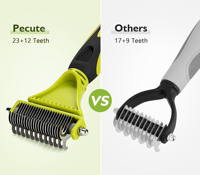 Pecute Double-Sided Undercoat Rake for Dogs & Cats with Thick Double Coats | 12/23-teeth removes mats & undercoat, 304 stainless steel, Gentle on skin, For heavy shedding, long/thick/double coats