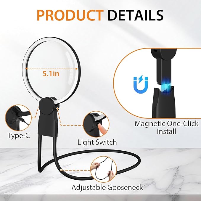 Hands-Free Magnifying Glass with Light, Rechargeable Neck Lighted Magnifier | Magnifier for Close Work, Reading Small Print, Cross Stitch, Sewing & Crafts, Vision Aid for Seniors & Low Vision