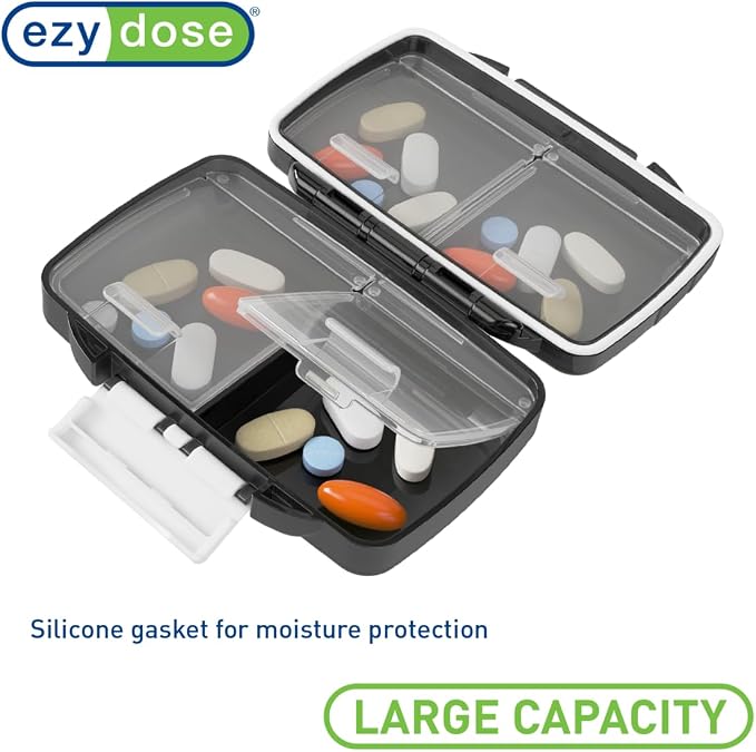 EZY DOSE Moisture-Proof Pill Case, Medicine Planner, Vitamin Organizer Box, Travel-Friendly, Latch-Closure to Secure Contents, 4 Individual Compartments of Multiple Sizes with Tight Seal, Small, Black