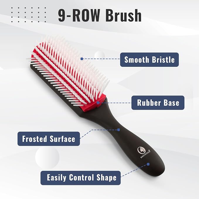 BRUSHZOO Detangler Brush with Hair Spray bottle 9 Row Brush Wide Tooth comb, Hair Brushes for Women Men Kids Curly 3/4abc Hair (Red)