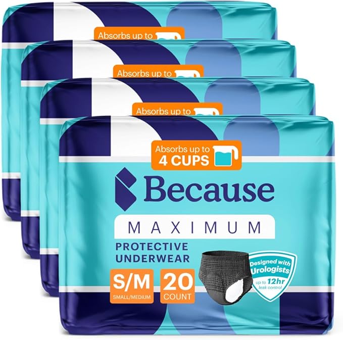 Because Premium Maximum Absorbency Adult Incontinence and Postpartum Bladder Leak Underwear for Women, Heavy Absorbency, Disposable, Black, Small/Medium, 80 Count (4 Packs of 20)