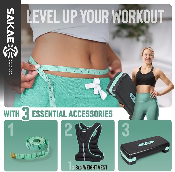 Adjustable Height Aerobic Stepper Set, Multiple Bundle Options with Dumbbells, Kettlebell, Waist Trimmer, Ankle Weights or Weighted Vest, Workout Exercise Step Platform w/Level Risers, 4 Colors