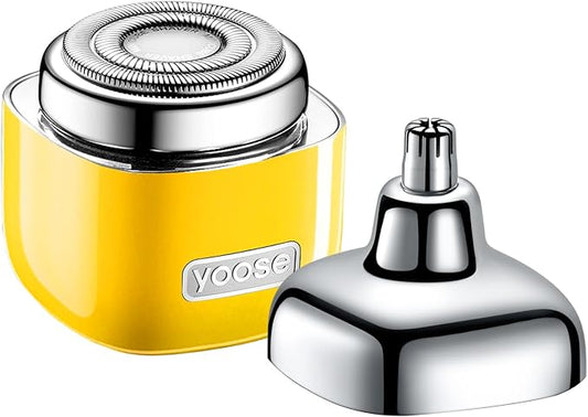 yoose 2-in-1 Grooming Tool for Men – Mini Electric Shaver & Nose Hair Trimmer, Alloy Unibody, Compact & Travel Ready, IPX7 Waterproof, USB-C Rechargeable for Quick Touch-Ups, Yellow