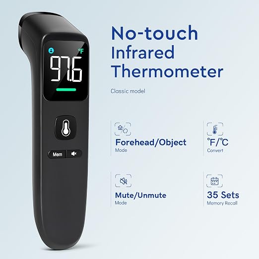 Viproud Touchless Thermometer for Kids and Adults, 1-Second Reading, Black | Large LED Screen, Fever Indicator, Mute Mode, Memory Recall, Dule Mode Forehead/Object, for All Ages