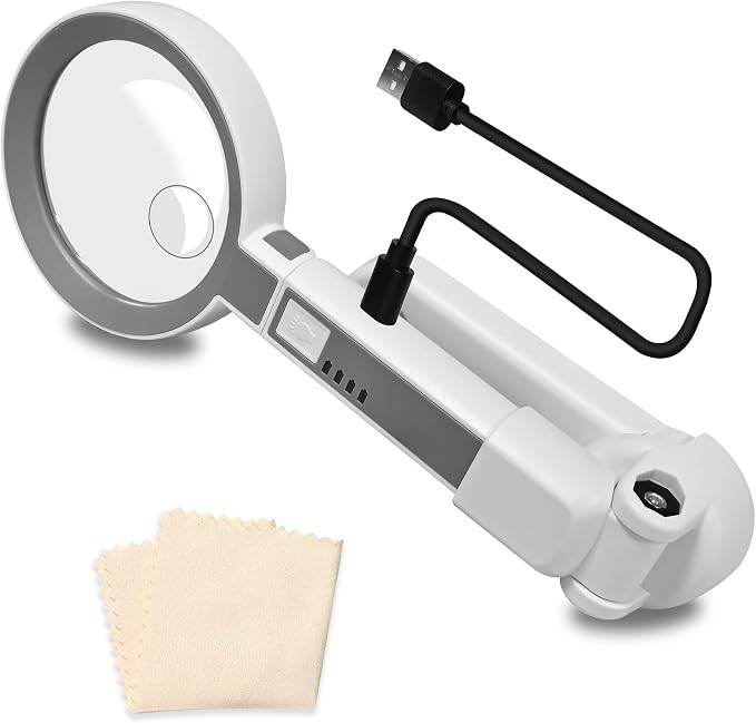 4X Rechargeable Magnifying Glass with 18 LED Light, Foldable Handheld Stand, Magnifying Glass with Light Ideal for Close Work, Seniors Reading, Macular Degeneration - Inbuilt Lithium Battery Included