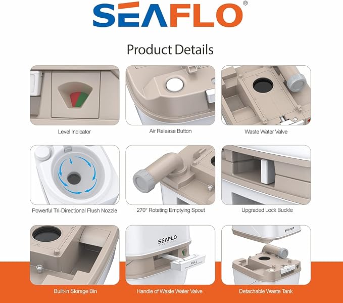 SEAFLO Premium Camping Portable Toilet - 5.8 Gallon Waste 3.43 Gall Fresh Tank (100 Flushes), 440 lbs Max Weight, Level Indicator, Sealed Waste Tank for RV, Boat, Elderly, Off-Grid, 4-Year Warranty