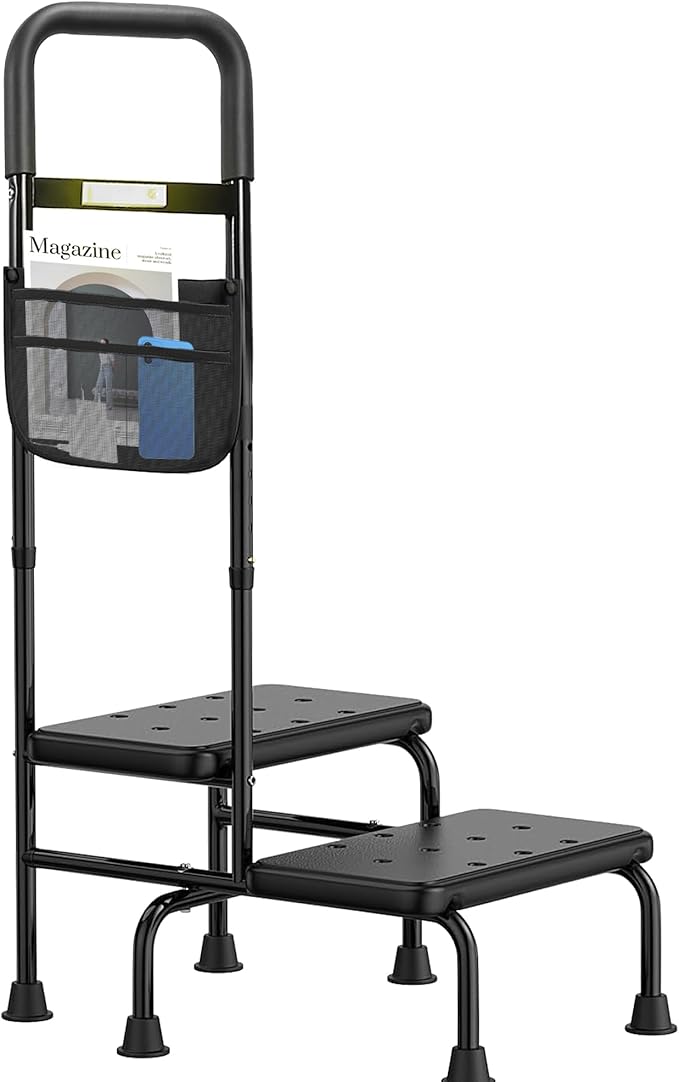 Step Stool with Handle – 2 Step Foot Stool for Adults, Non-Skid Bed Steps for High Beds, Adjustable Handrail with Night Light & Storage Bag, Safe Step Stool for Seniors & Elderly
