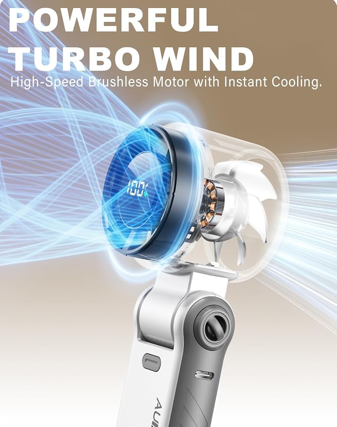 Portable Handheld Turbo Fan - 5 Speed Mini Personal Fan with Strong Airflow, Foldable 3 in 1 Rechargeable Battery Operated Trave Essentials Hand Fans for Indoor/Outdoor Use, White
