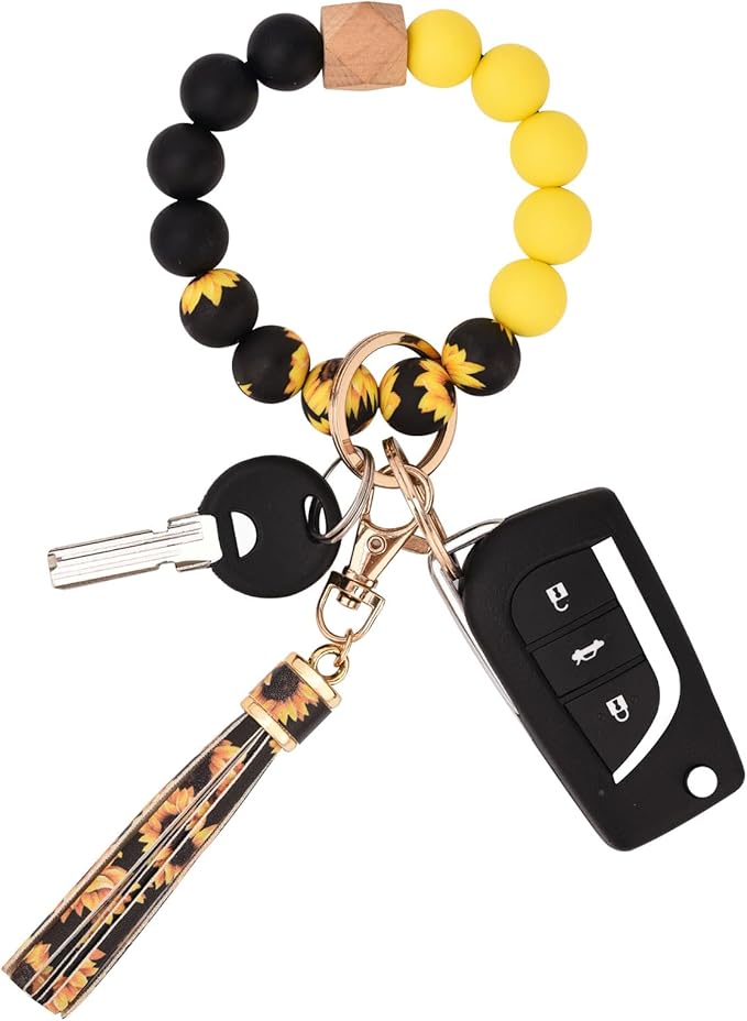 BAOSIWA Silicone Beaded Bracelet Keychain Wristlet Key Ring Bangle Chains for Women with Leather Tassel