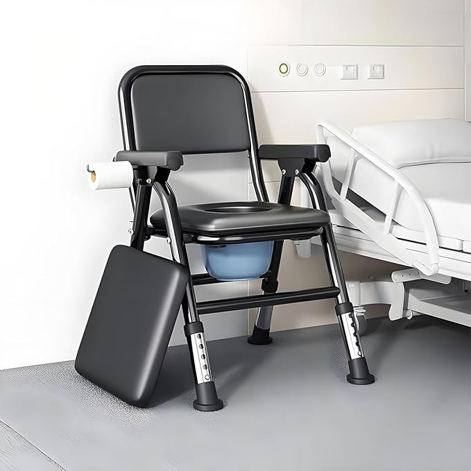 4-in-1 Folding Steel Bedside Commode Chair, Portable Toilet,Toilet Seat with Arms Handles and Back Support, Adults Potty Chair with Paper Roll Holder for Seniors, Disabled, and Pregnant (Black)