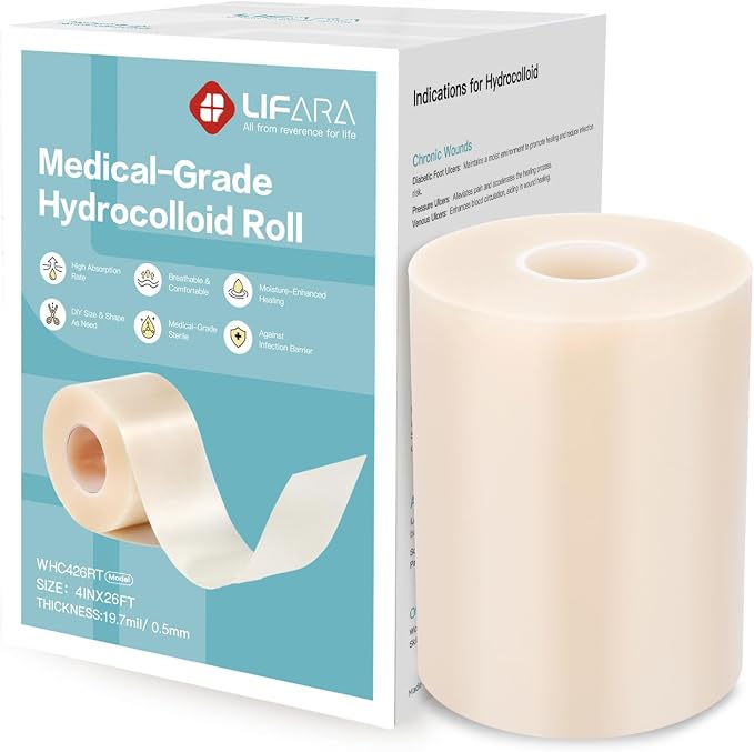 LIFARA Hydrocolloid Roll for Wound Care - Cut-to-Size, Extra Large Hydrocolloid Patch Bandages with Self-Adhesive, Waterproof, First Aid Kit Essential (4in*26ft, 19.7mils/ 0.5mm Thickness)