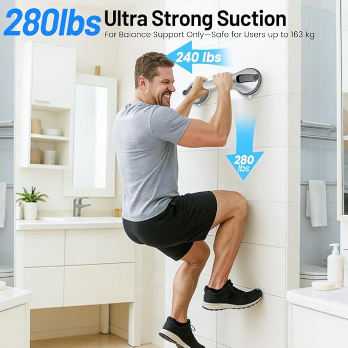2 Pack Grab Bars for Shower Handle, Elderly Assistance Products, Seniors Removable Bar Safety, Suction Cup Handles for Bathtubs and Showers/Bathroom/Walls, Heavy Duty Handrails Grip,No Drilling Sliver