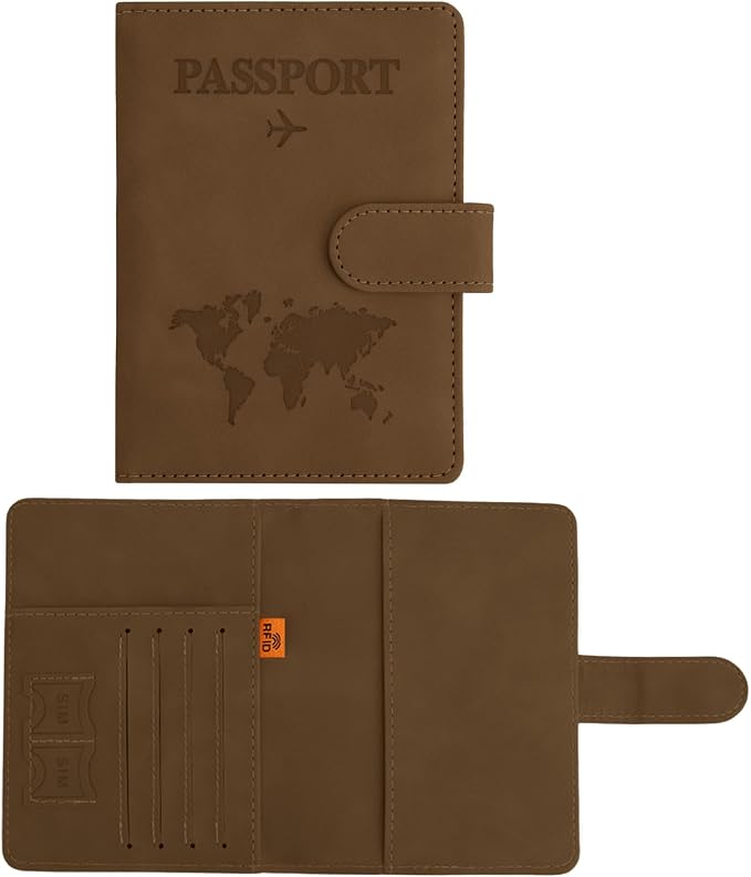 Passport Holder for Travel Essentials, Brown Leather Passport Cover, Passport Wallet Holders for Women Men Family Travel Gifts Must Have Accessories, Credit Card Cash Air Ticket Storage Supplies