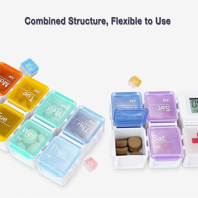 7-Day Pill Organizer with Medicine Reminder Alarm, Cozycabin Weekly Large Vitamin Box Organizer - AM PM Daily Travel Medication Box(Rainbow)