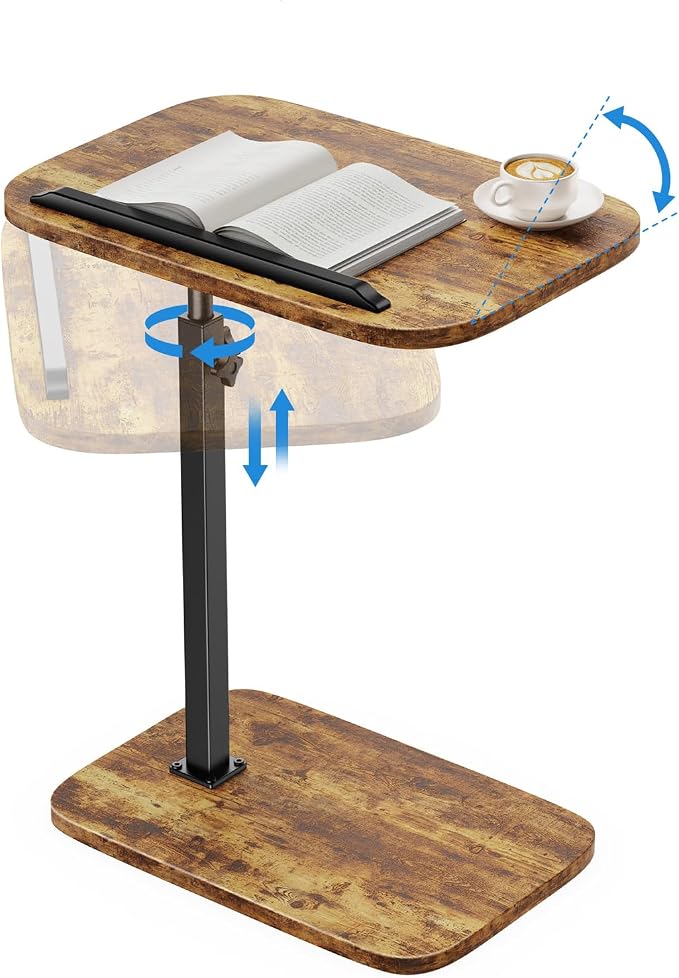 HUANUO TV Tray with Height Adjustment, 360° Swivel, 90° Tilt, Rustic Brown | 19" - 31.5" Height Range, Dual Knobs for Stability, Anti-slip bar, Foldable, for Eating & Working Beside Sofa, Bed
