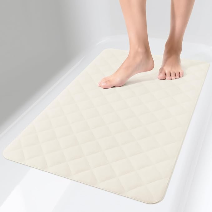 Yolife Bathtub Shower Mat Non Slip, Natural Rubber Bath Tub Floor Liner Mats with Strong Suction Cups for Inside Shower Bathroom, Machine Washable, Soft on Feet, 27.5 x 17 Inch, Beige