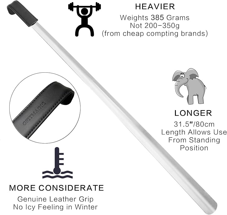 31.5" Extra Long Handled Shoe Horn,Metal Shoehorn for Men and Women,Heavy Duty Extended Stainless Steel Shoe Horn with Leather Grip for Seniors Pregnant Back Pain