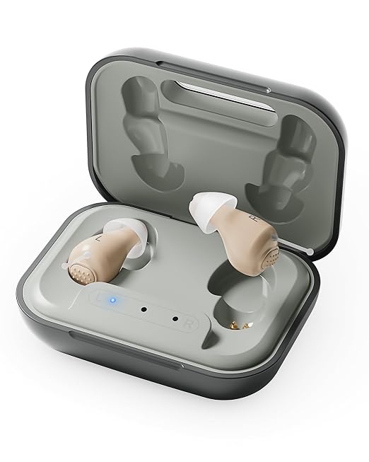 Hearing Aids for Seniors, Rechargeable OTC Hearing Aids with Noise Reduction, Providing Clear Sound Quality and Comfortable Wearing for Adults Hearing Loss, Invisible In-Ear Design (Light Gray)