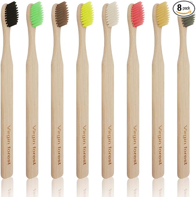 Virgin Forest 8 Pcs Bamboo Toothbrush, BPA-Free Soft Toothbrushes, Natural Eco-Friendly Biodegradable Best Travel Wood Toothbrush Set, for Sensitive Gums