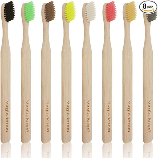 Virgin Forest 8 Pcs Bamboo Toothbrush, BPA-Free Soft Toothbrushes, Natural Eco-Friendly Biodegradable Best Travel Wood Toothbrush Set, for Sensitive Gums