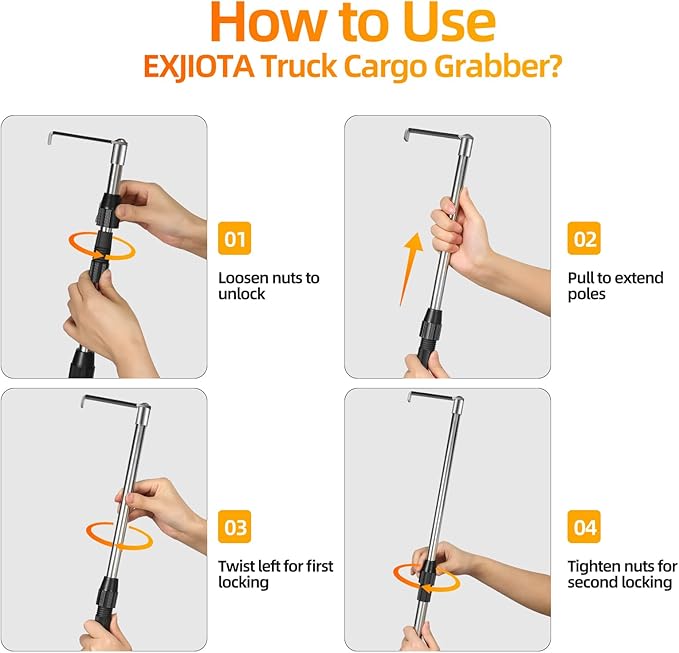 EXJIOTA Truck Cargo Grabber, 6FT Truck Cargo Retriever Telescoping Pole with Two Hooks, Truck Grabber Reach Tool for Pickup Truck Bed Grabber Heavy Duty Truck Accessories