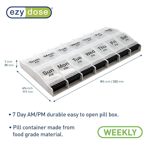 EZY DOSE Push Button (7-Day) Pill Case, Medicine Planner, Vitamin Organizer, 2 Times a Day, AM/PM Container, X-Large Compartments, Arthritis Friendly, Easy to Use, Clear Lids, Clear/Black, BPA Free