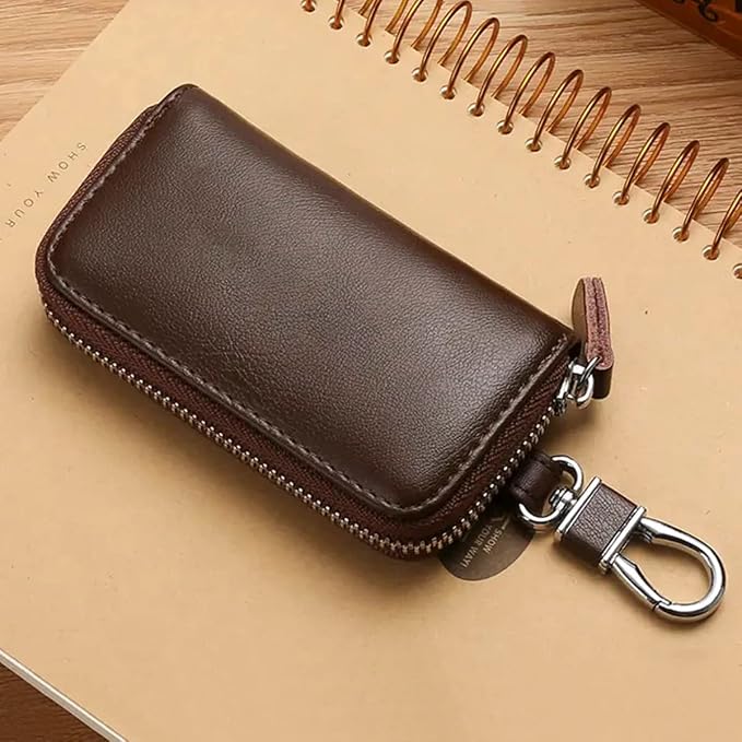 WESTONETEK Unisex Mens Womens Premium Leather Car Key Holder Bag Keychain Case Wallet with 6 Hooks Zipper Closure
