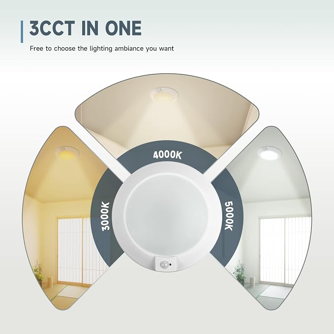 ECOELER PIR Motion Sensor Ceiling Light, 3CCT Selectable Occupancy Light with Time Countdown & Light Sensor, 16W 1000Lm, Hard-Wired Motion Light for Garage, Hallway, Stairwell, 2Pack
