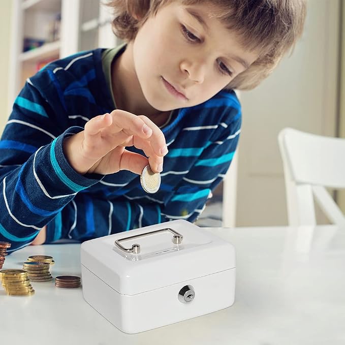 Jssmst Small Lock Cash Box, Locking Money Box for Kids with Slot on Top, White Lock Box, 5.91 x 4.72 x 2.95 inches, CB003-W