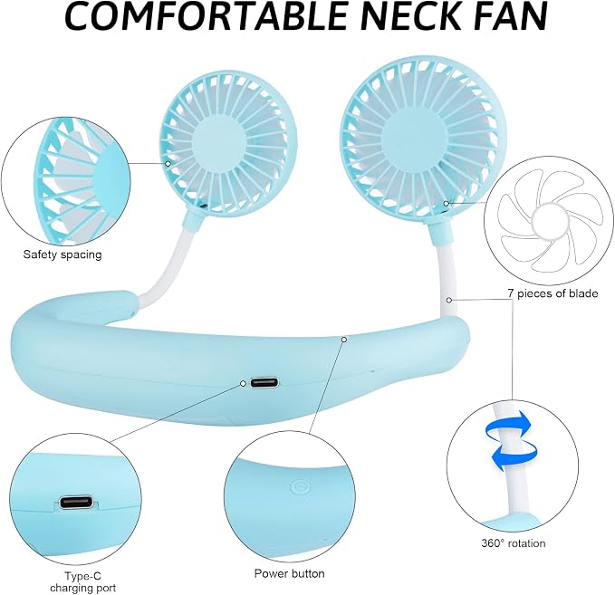 Haomaomao Portable Neck Fan 2500 mAh Rechargeable USB Hands-Free Mini Face Cooling Personal Double Headed Rotatable Small Fan for Working Office Reading Traveling Outdoor Sport