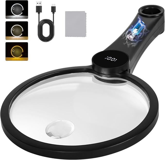 15X 30X 45X Rechargeable Magnifying Glass with Light(LCD Display) | Battery Level Indicator, 49 Anti-Flicker LEDs, 5.2" Large Handheld Magnifier for Seniors Reading Coin & Jewelry Inspection