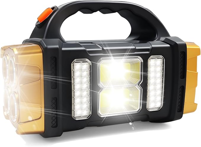 Solar Handheld Flashlight, 4 Lighting Modes Rechargeable LED Work Light, USB-C & Solar Powered Portable Lantern,Emergency Camping Light for Outdoor, Hiking, Power Outage (Gold-1pcs)