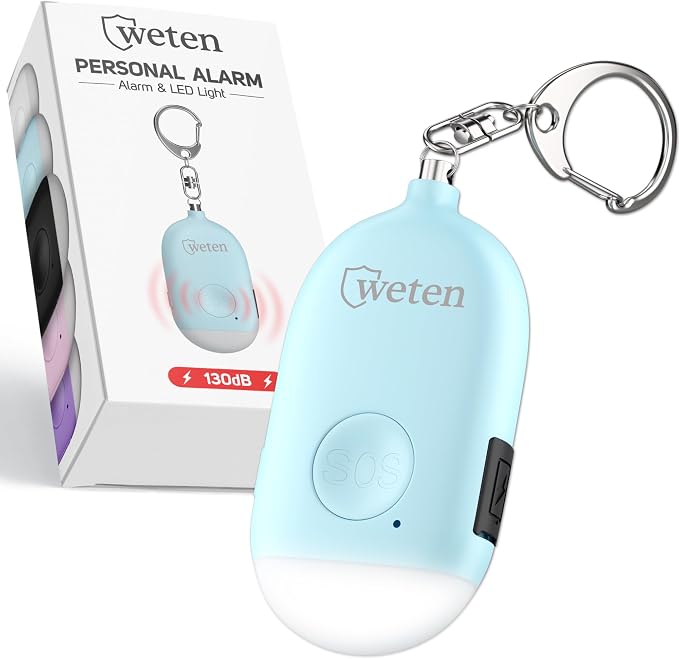 Rechargeable Personal Alarm Keychain, 130dB Siren, LED Light, Blue | Stylish Personal Safety Alert for Women to Carry, Panic Button Alarm for Security