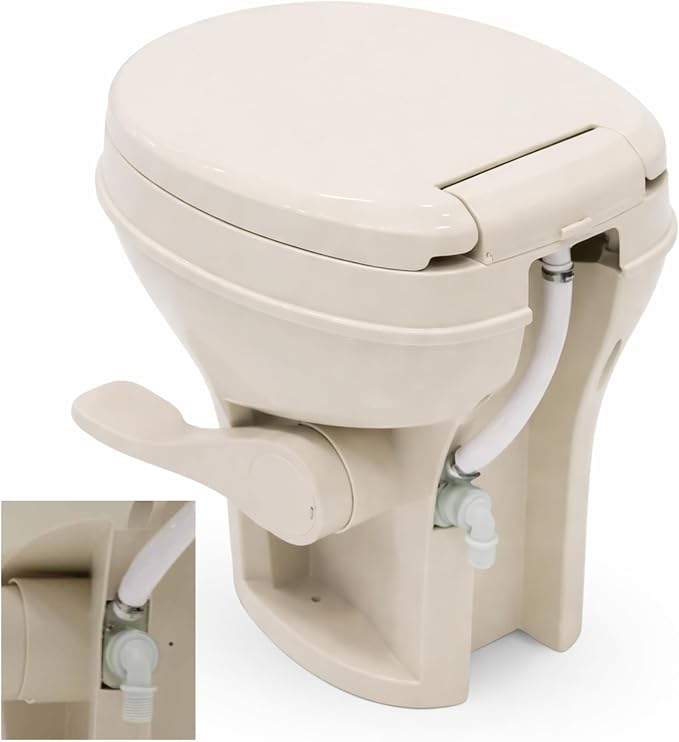 SEAFLO Bone RV Toilet, Residential Height 18.4", Gravity Flush Foot Pedal, Soft Close Seat, Camper Toilet for RV Motorhome Travel Trailer, Parchment, SFRTPH-02-01, 4-Year Warranty