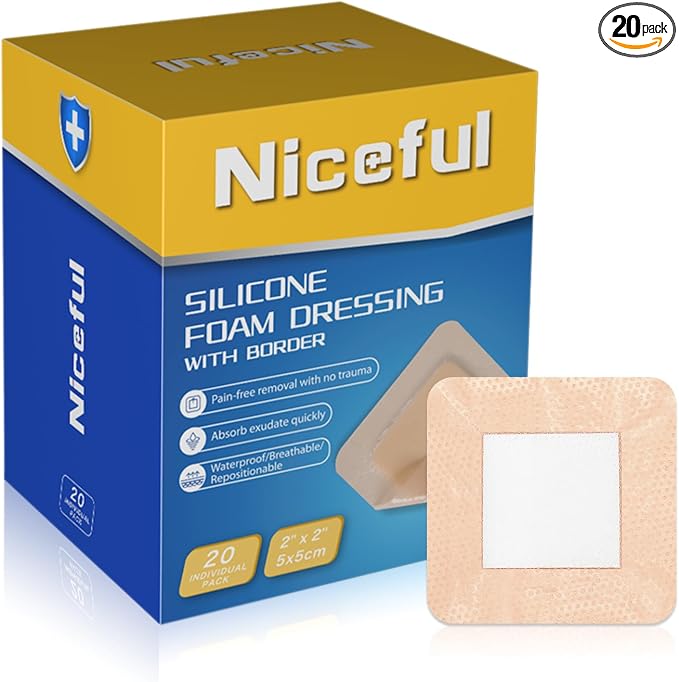 Niceful 20 Count Silicone Foam Dressing Gentle Border 2 x 2 inch, Absorbent Silicone Bandages for Wounds, Waterproof Bed Sore Bandages Wound Dressing