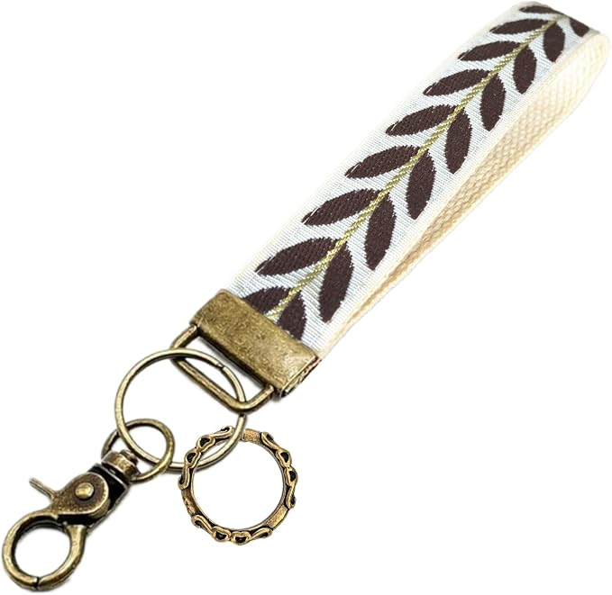Boho Vintage Embroidered Floral plant Wristlet Keychain for Women | Cute Lanyard&Antique Brass Clasp, Lightweight Hands-Free Key Holder for keys,purses,handbags and daily outdoor use for ladies