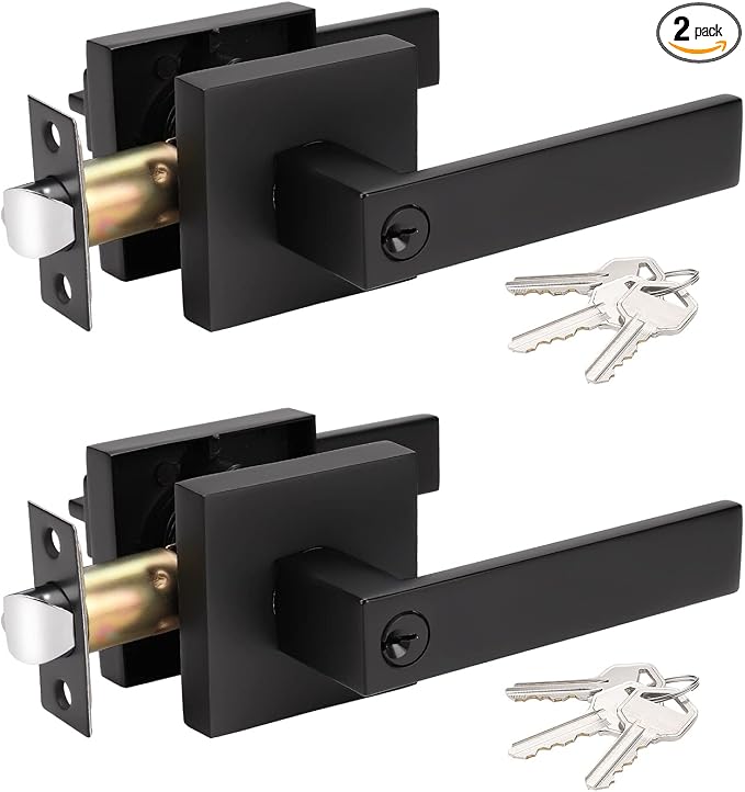 KNOBWELL 2 Pack Heavy Duty Black Door Handle(for Office/Front Door) Entrance Lever Handle, Keyed Entry(Different Keys) Door Leversets (Not Keyed Alike)