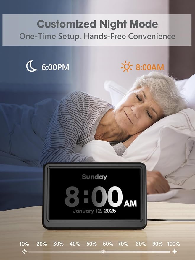 Dementia Clock for Seniors with Large Display & Daily Reminders | 12 Themes, 20 Custom Alarms, 18 Ringtones, Medication Reminders, Automatic Dimmer, Digital Calendar Display for Elderly Care