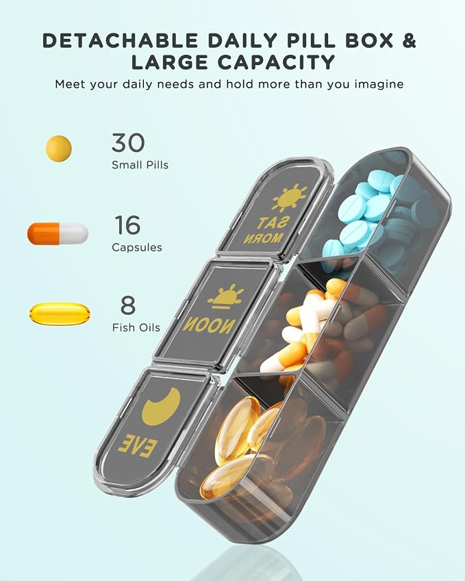 Acedada Weekly Pill Organizer 3 Times A Day, Large 7 Day Pill Box 3X A Day, Portable Medicine Container with 21 Compartments, Daily Travel Pill Case for Vitamins Supplements Fish Oils, Black