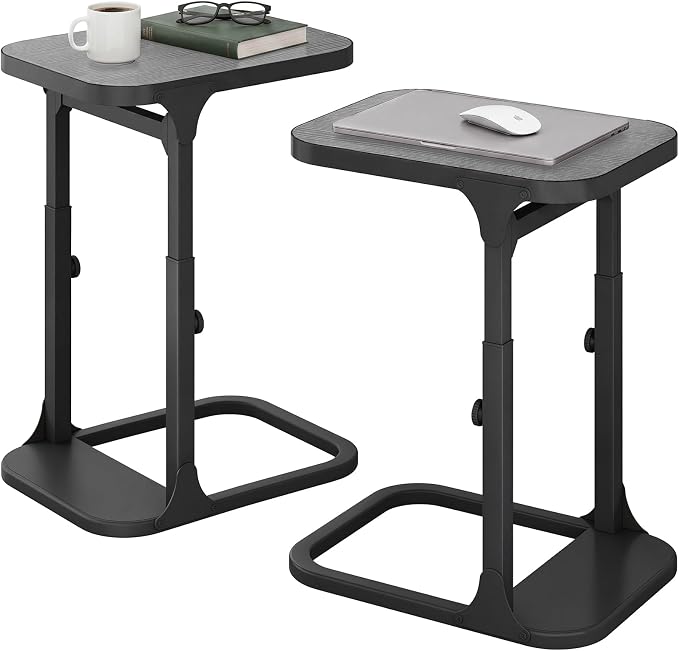Kitstorack Height Adjustable End Table 2 Pack, Small Side Table for Couch, Sofa Table with Metal Frame for Living Room, Bedroom, Bedside C Shaped Table,Gray