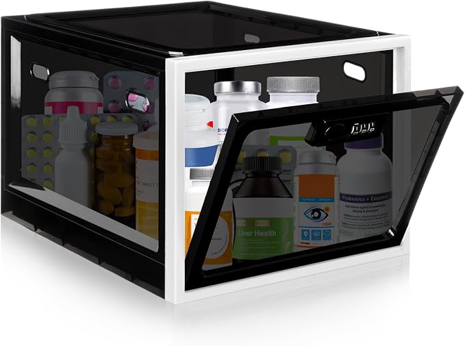 Gemaxvoled 2 Pack Medicine Lock Box, Large Capacity Premium Material Lockable Storage Bin Organizer Box with Combination Code for Safe Medication/Fridge Food/Snacks/Phone/Tablet Jail(Black)