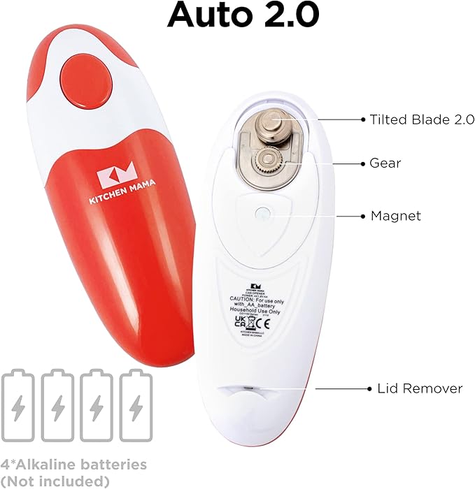 Kitchen Mama Auto 2.0 Electric Can Opener: Blade Opens Almost Any Can Pop or Soda Can - Automatic, Hands Free, Safe, Smooth Edge, Lid Remover, Battery Operated, Cordless, YES YOU CAN (Red)
