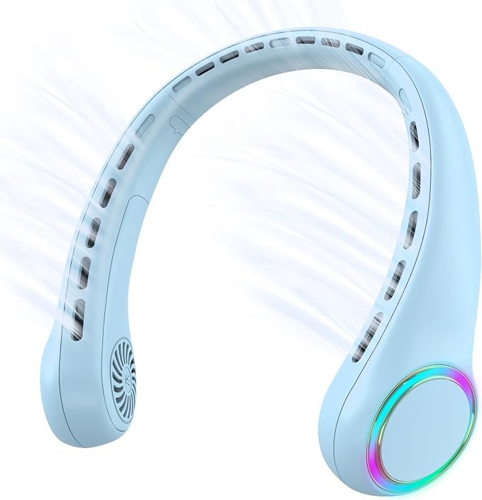 GULAKI Portable Neck Fan, Personal Fan with 4000mAh Battery, Rechargeable Neck Fan with 3 Speeds and 64 Cool Lights, Birthday Gifts for Men Women Mom Dad, Hands Free Cooling fan for Summer(Blue)