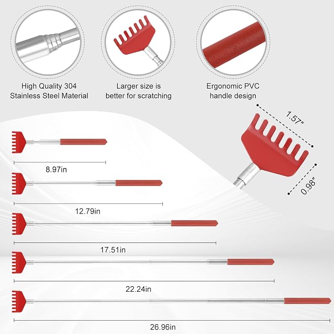 XKOS 4 Pack Different Back Scratcher Portable Telescoping with Rubber Handles, Extendable Metal Back Massager Tool with Beautiful Box, Stocking Stuffers for Men Women Adults (Red)