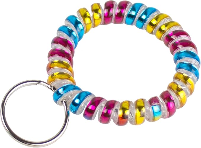 Lucky Line 2” Diameter Spiral Wrist Coil with Steel Key Ring, Flexible Wrist Band Key Chain Bracelet, Stretches to 12”, Rainbow, 1 Pack (410091)