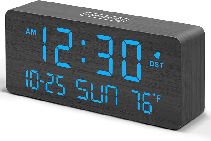 DreamSky Wooden Digital Alarm Clocks for Bedrooms with Date & Day of Week | Living Room Desk Clock, Temperature, USB Port, Dimmer Wheel, Adjustable Volume, Auto DST, Office Wood Decor (Plug-in)
